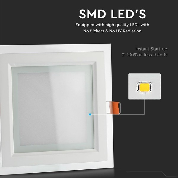 Szklany panel LED podtynkowy 12W 840lm kwadrat VT-1202G SQ