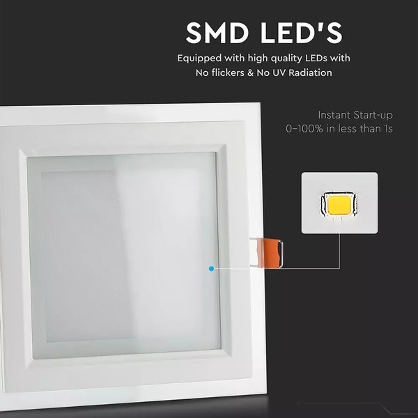 Szklany panel LED podtynkowy 18W 1260lm kwadrat VT-1881G SQ