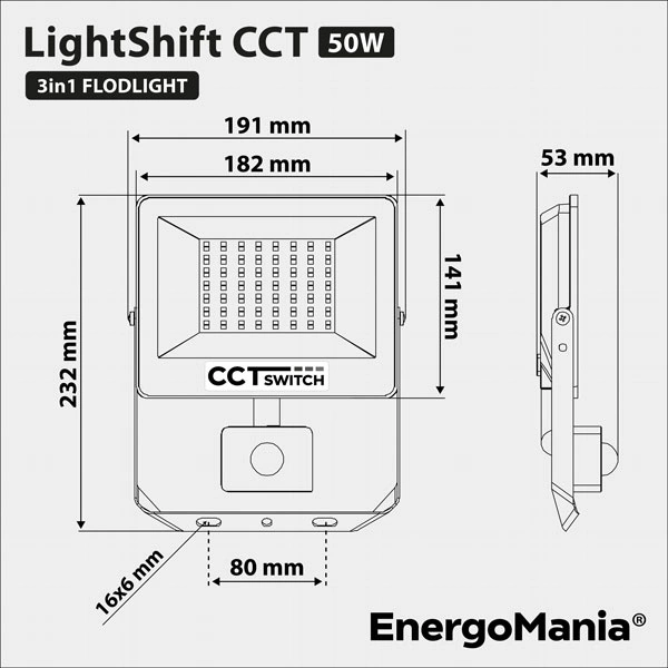 Naświetlacz LED z czujnikiem ruchu LightShift CCT PIR 50W