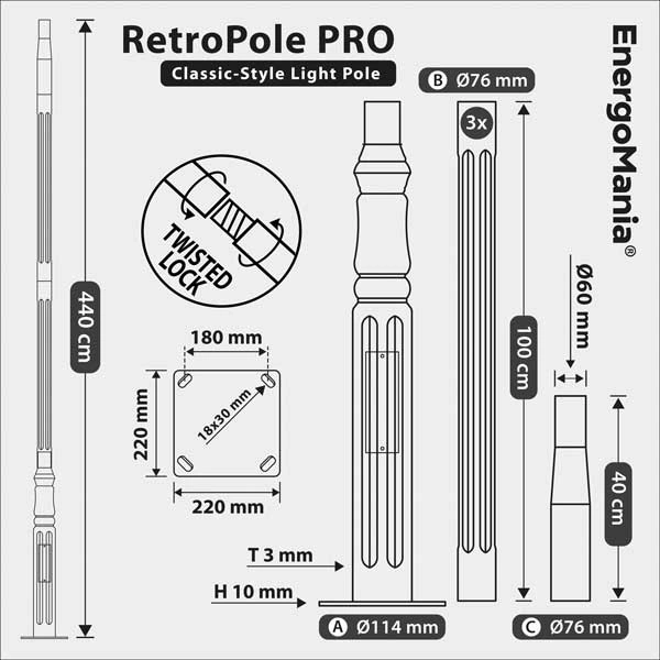 Ozdobny słup oświetleniowy RetroPole PRO 4m czarny