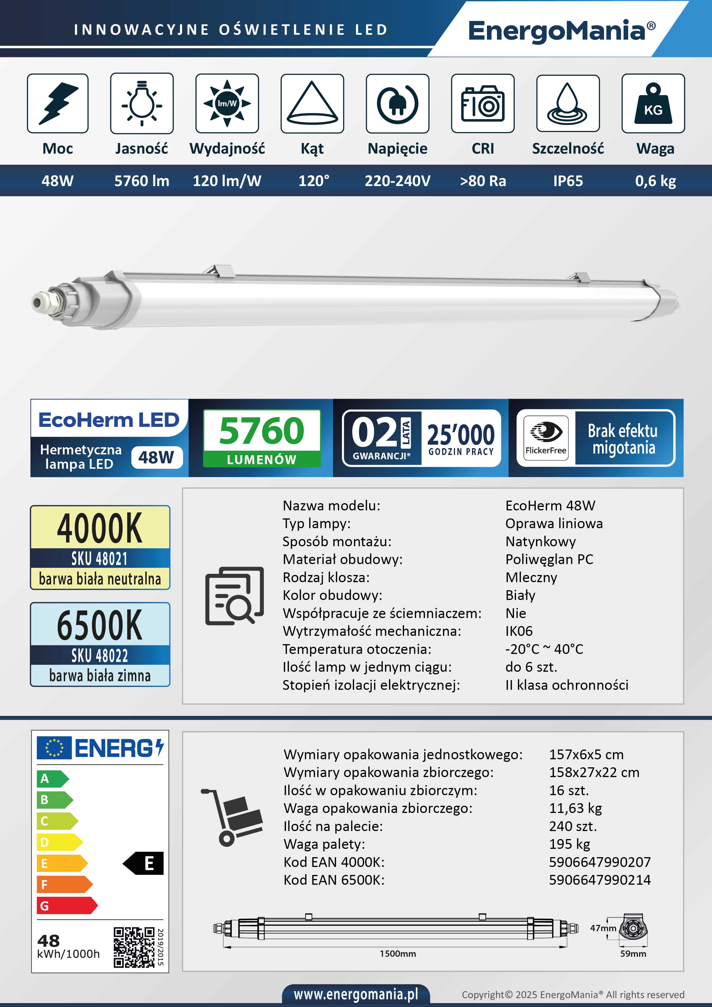 Hermetyczna lampa LED EcoHerm 48W 150cm 5760 lm