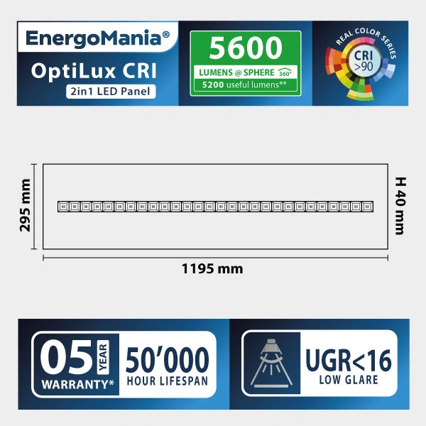 Panel LED OptiLux CRI>90 40W 5600 lm 120x30 2w1 czarny