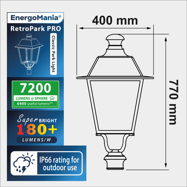 Klasyczna lampa parkowa RetroPark PRO 40W 7200 lm czarna