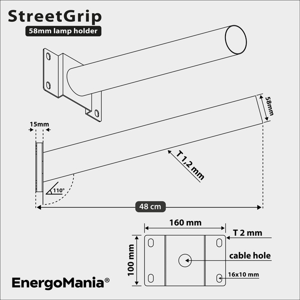 Wysięgnik lampy ulicznej na słup / uchwyt naścienny StreetGrip ⌀60mm 48cm czarny