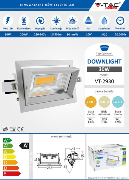 Regulowana oprawa LED downlight 30W 2450lm VT-2930