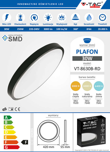Natynkowy plafon LED 30W okrągły Ø42 cm VT-8630 czarny