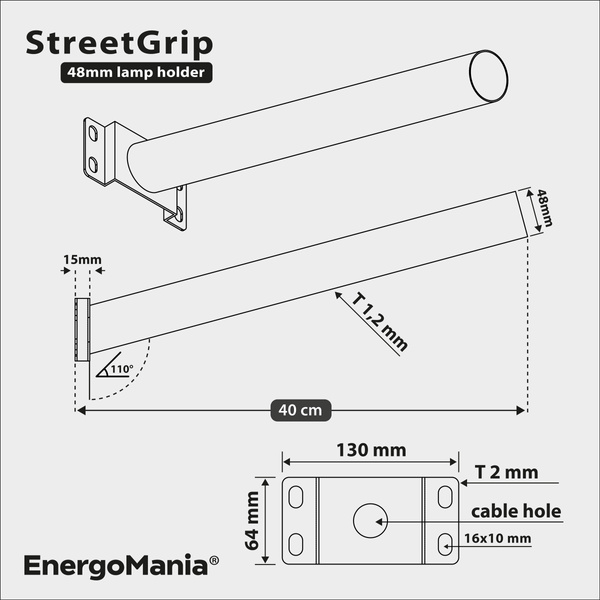 Wysięgnik lampy ulicznej na słup / uchwyt naścienny StreetGrip ⌀48mm 40cm szary
