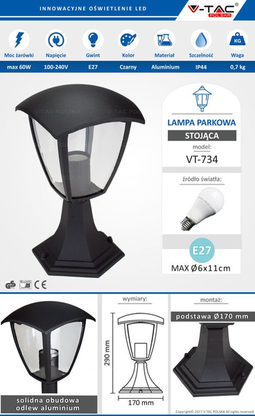 Stojąca lampa ogrodowa pojedyncza VT-734 czarna