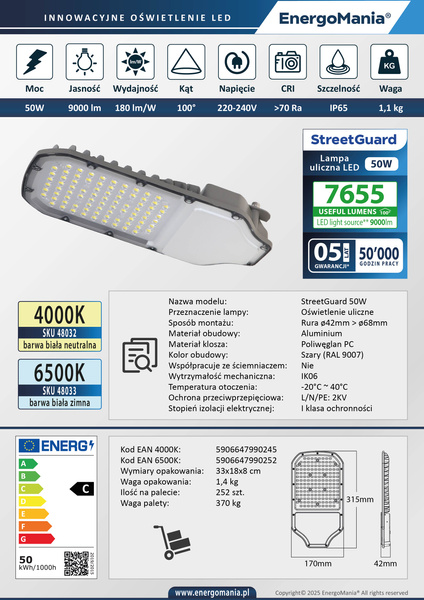 Lampa uliczna LED StreetGuard 50W 9000 lm