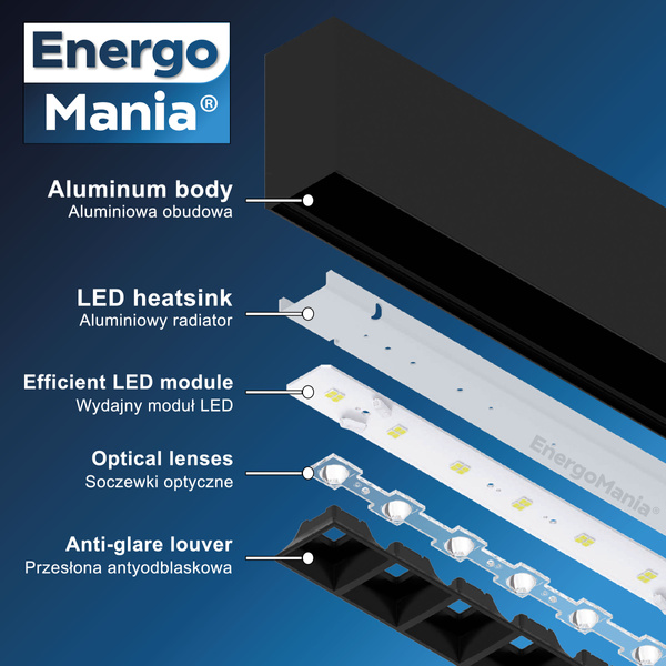 Biurowa lampa liniowa OptiLine 30W 4600lm 2w1 czarna