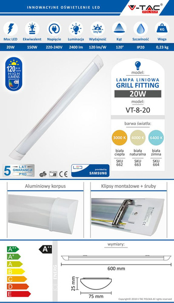 Natynkowa oprawa liniowa LED SAMSUNG 20W 2400lm 60cm VT-8-20