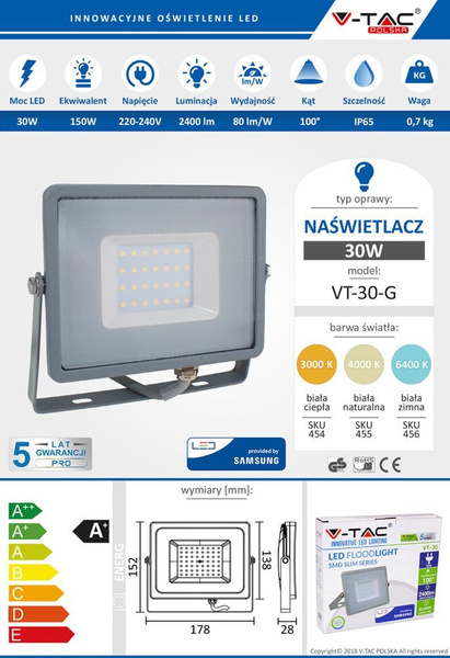 Naświetlacz LED SMD SAMSUNG 30W 2400 lm VT-30 biały