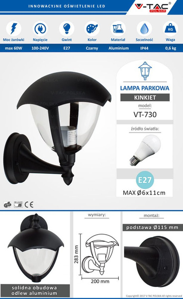 Natynkowy kinkiet ogrodowy VT-730 czarny