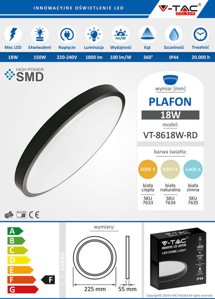 Natynkowy plafon LED 18W okrągły Ø22 cm VT-8618 czarny