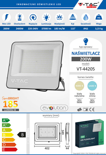 Naświetlacz LED EVOLUTION 200W 37000 lm VT-44205 czarny