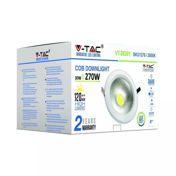 Okrągła oprawa sufitowa LED 30W DOWNLIGHT biała 3100lm VT-26301