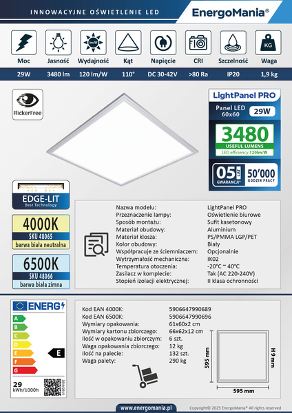 Panel LED 60x60 cm 29W 3600 lm VT-6129 PREMIUM (595x595 mm)