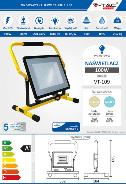 Przenośny naświetlacz LED na statywie 100W 8000 lm VT-109