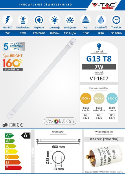 Świetlówka LED T8 G13 60cm 7W PREMIUM 1120lm VT-1607
