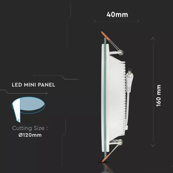 Szklany panel LED podtynkowy 12W 840lm okrągły VT-1202G RD