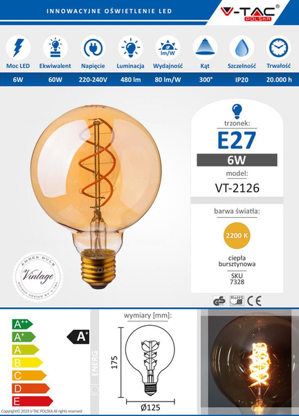 Żarówka LED G125 6W E27 480 lm FILAMENT AMBER 2200K VT-2126