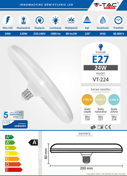 Żarówka LED UFO SAMSUNG 24W E27 1900 lm Ø200 mm VT-224